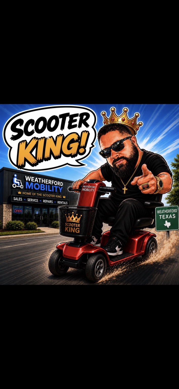 Scooter King mascot riding a red mobility scooter outside Weatherford Mobility