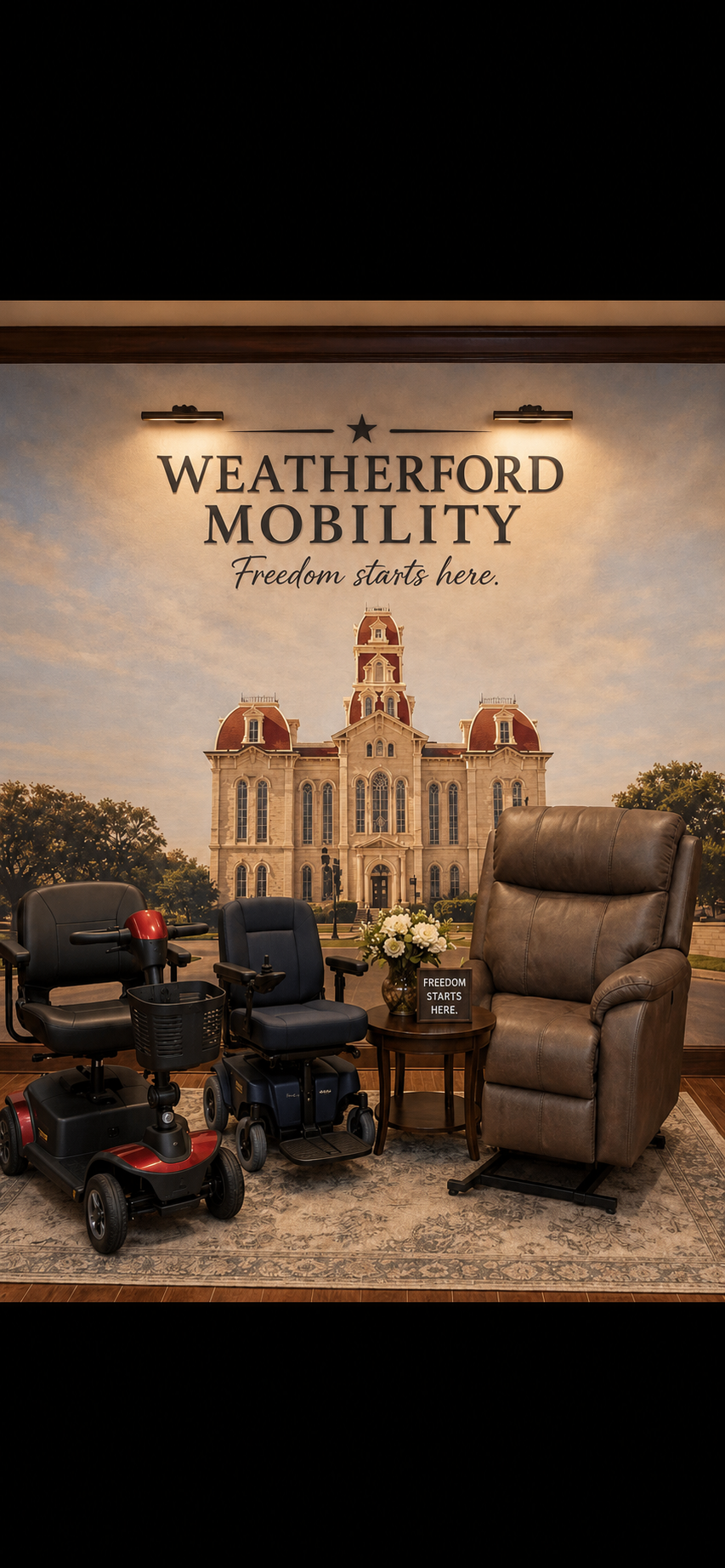 Weatherford Mobility showroom featuring a mobility scooter, power wheelchair, and lift chair in front of the Parker County courthouse mural